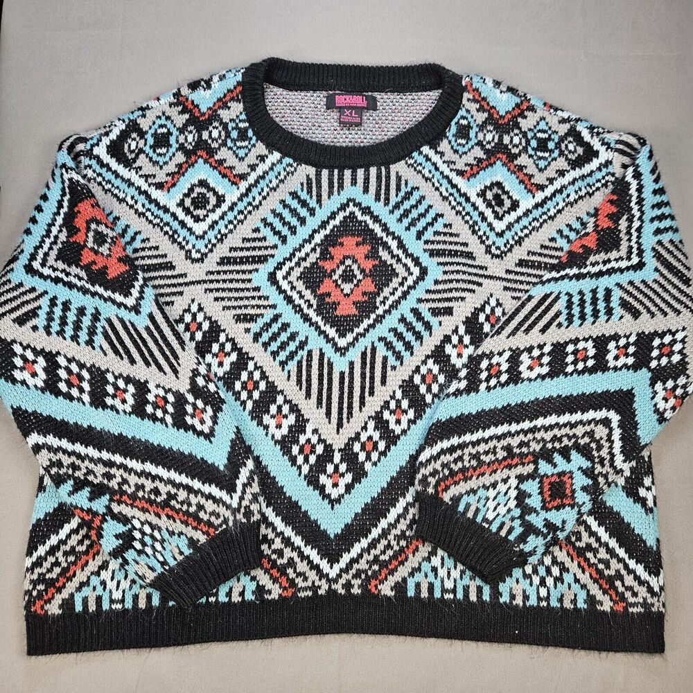 Rock And Roll Denim Sweater Aztec Southwestern Acrylic Women's Size XL